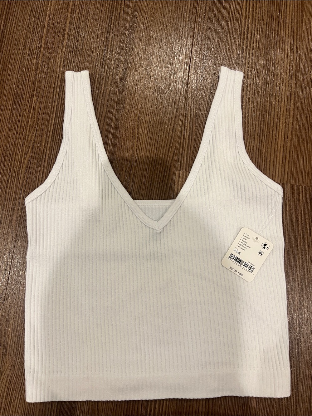 Free People White Ribbed V-Neck Cropped Tank
